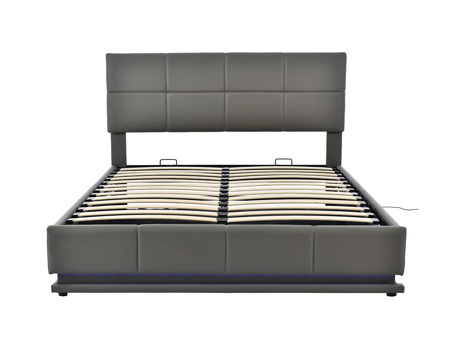 Lit coffre adulte 160x200 cm, Tête de lit réglable, LED sur 3 côtés, en PU Gris, sans matelas