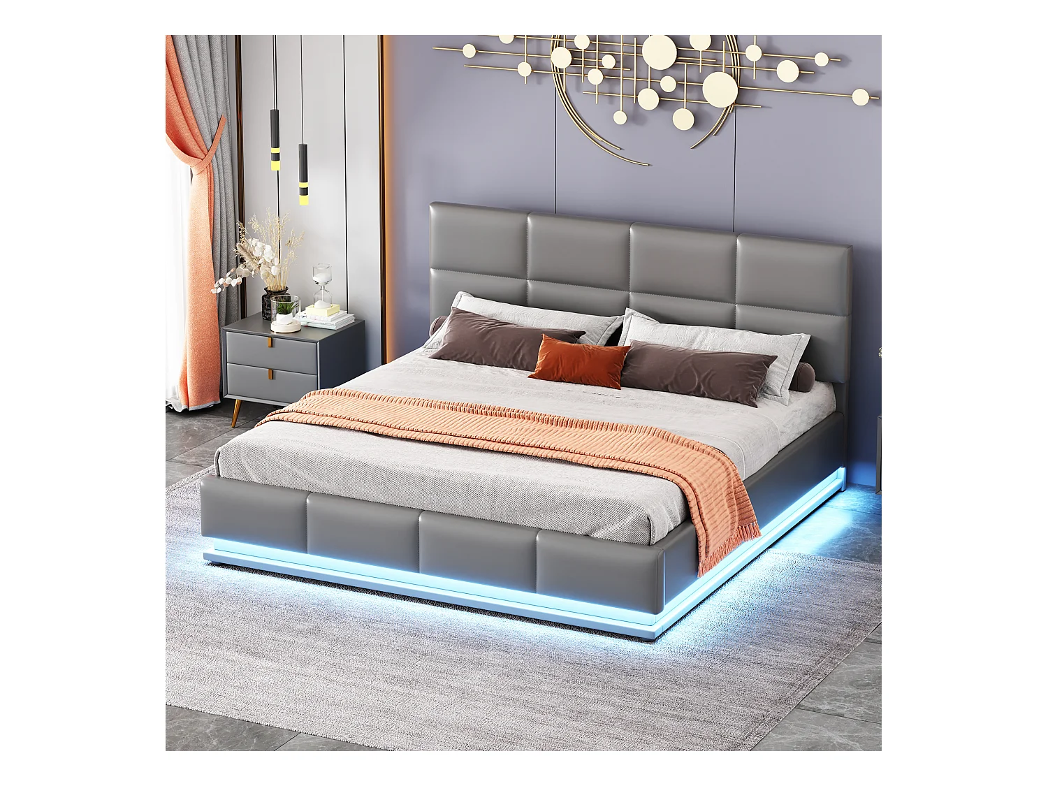 Lit coffre adulte 160x200 cm, Tête de lit réglable, LED sur 3 côtés, en PU Gris, sans matelas