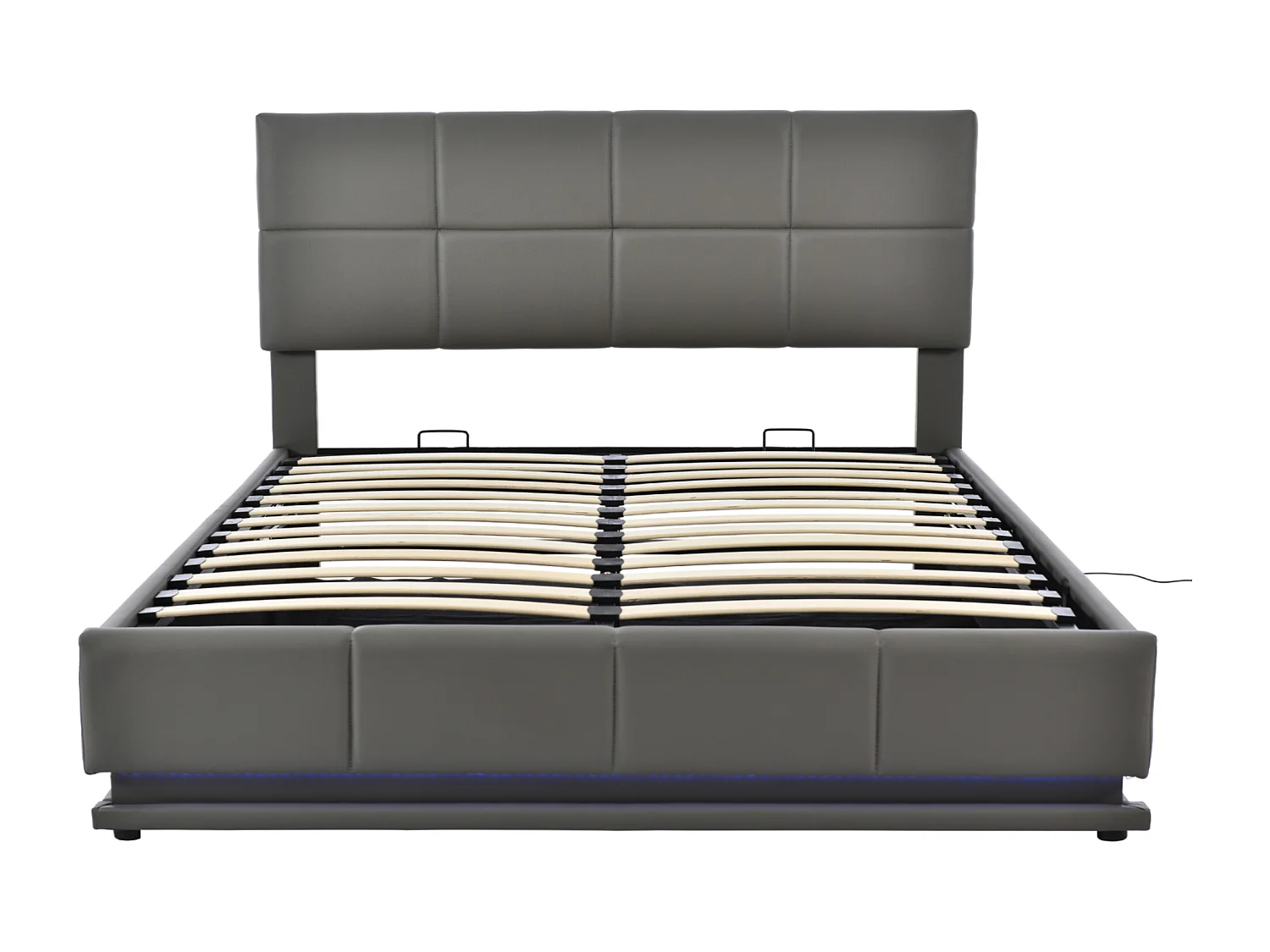 Lit coffre adulte 160x200 cm, Tête de lit réglable, LED sur 3 côtés, en PU Gris, sans matelas