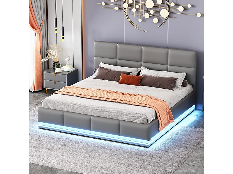 Lit coffre adulte 160x200 cm, Tête de lit réglable, LED sur 3 côtés, en PU Gris, sans matelas