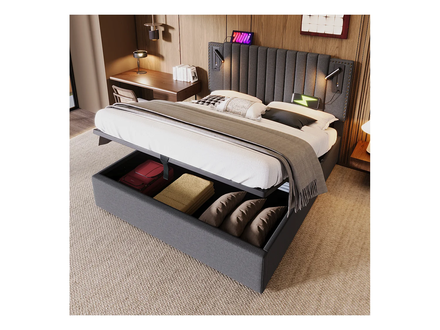 Lit coffre adulte 180x200 – Tête de lit LED/USB & design clouté – Coton gris (sans matelas)