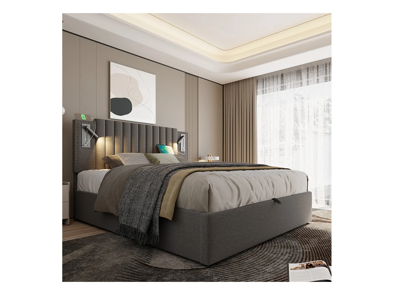 Lit coffre adulte 180x200 – Tête de lit LED/USB & design clouté – Coton gris (sans matelas)