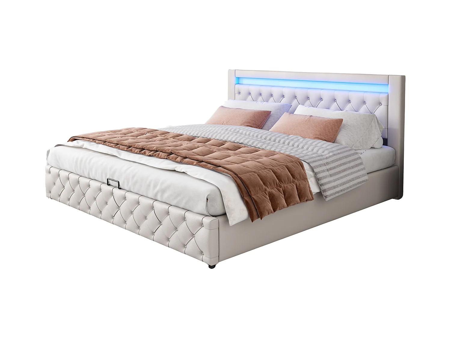 Lit adulte fonctionnel 160x200 cm - Éclairage LED & rangement intégré - Blanc (sans matelas)