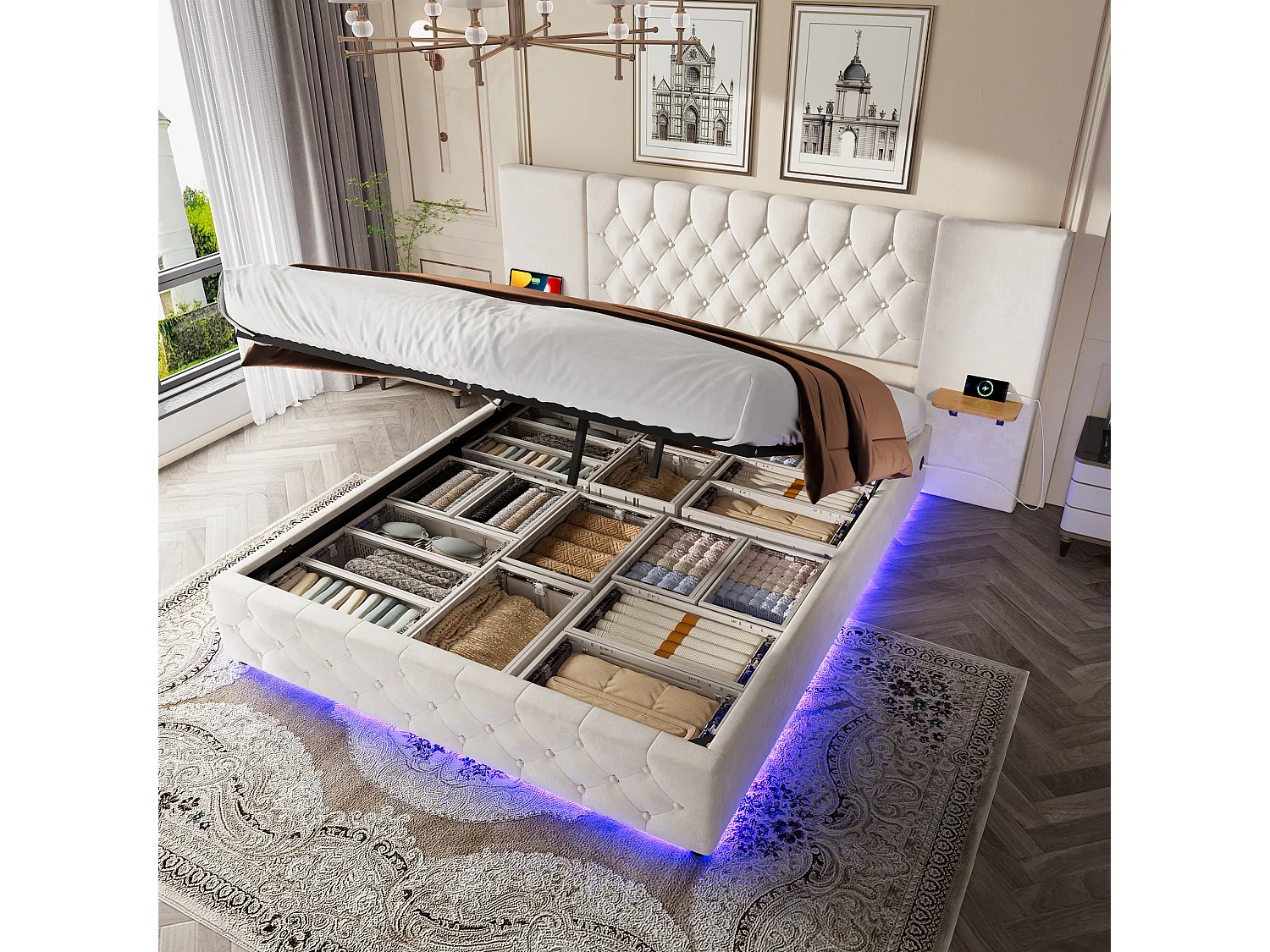 Lit adulte 160x200 cm avec tête de lit large – LED, USB, rangement hydraulique sous le lit – Beige (sans matelas)