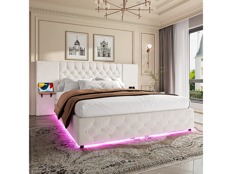 Lit adulte 160x200 cm avec tête de lit large – LED, USB, rangement hydraulique sous le lit – Beige (sans matelas)