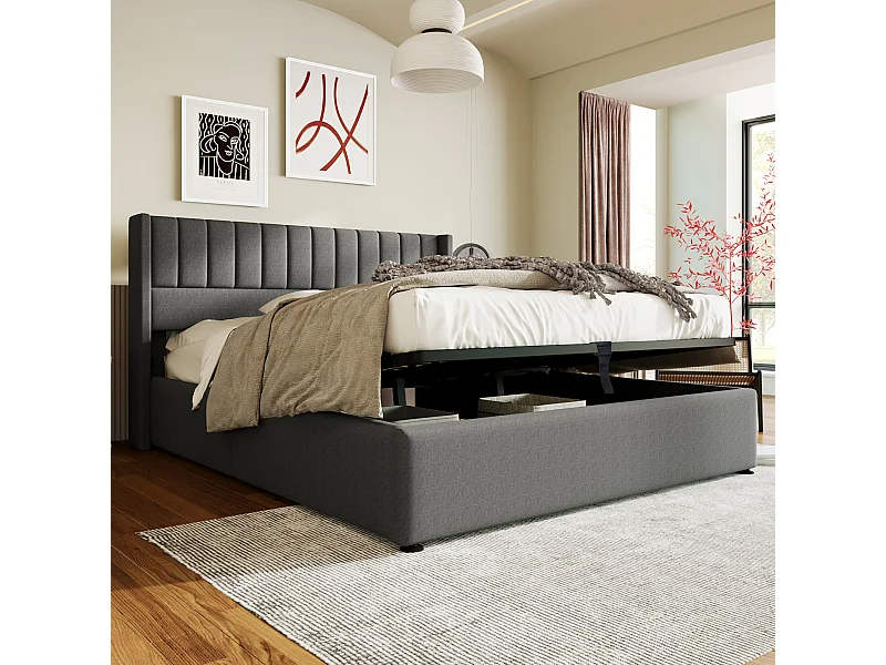 Lit coffre adulte 180x200 cm, lit adulte hydraulique avec sommier à lattes en bois, tissu en lin gris - sans matelas