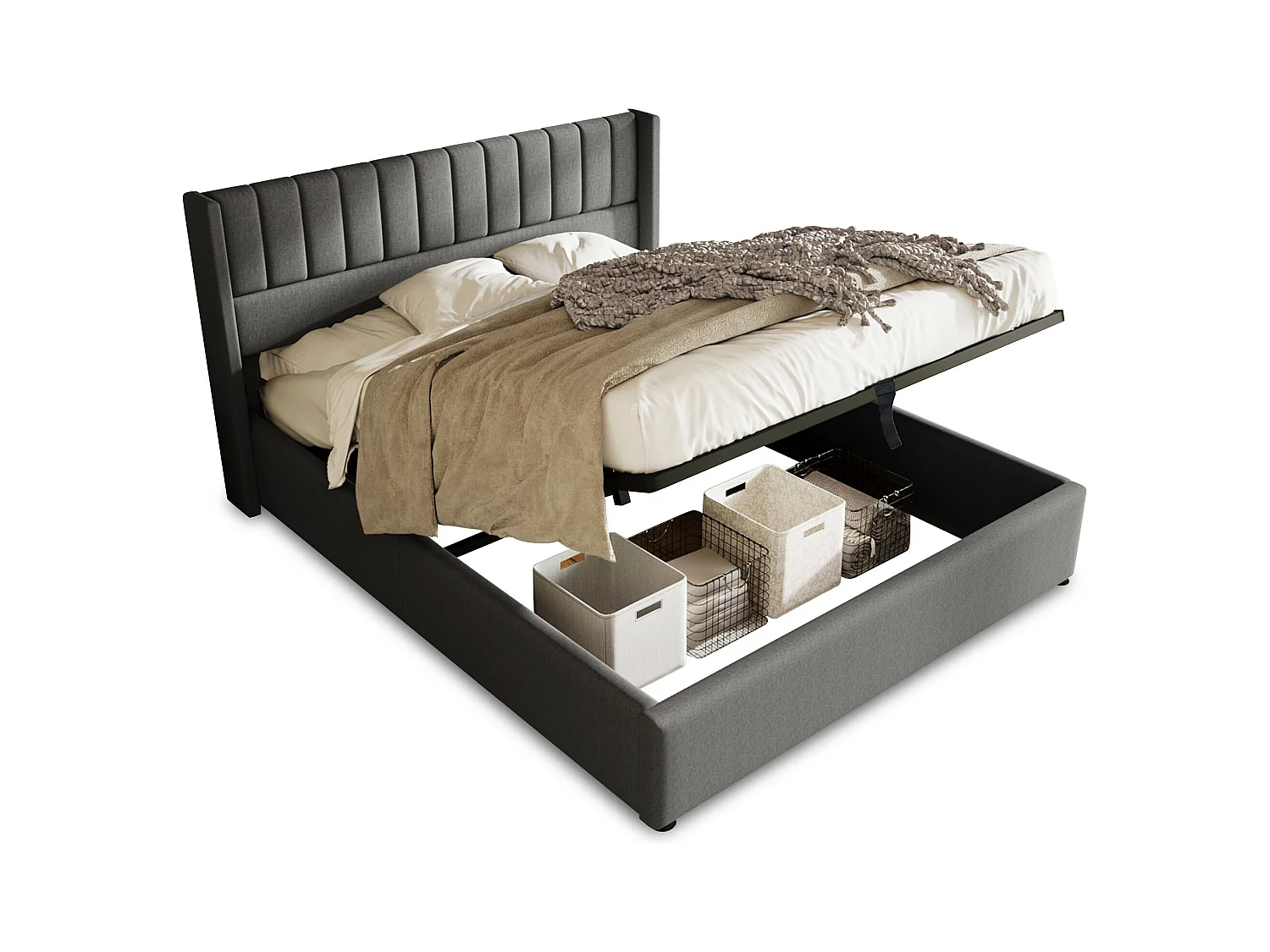 Cama baúl doble 180x200 cm para adultos, con sistema hidráulico, somier de lamas de madera y tapizado en lino gris (sin colchón)