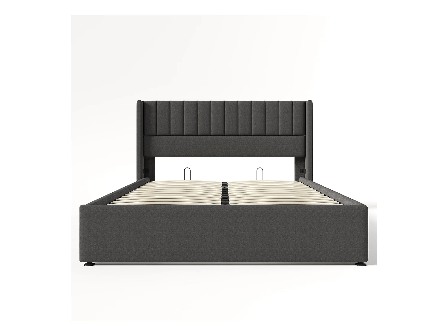 Cama baúl doble 180x200 cm para adultos, con sistema hidráulico, somier de lamas de madera y tapizado en lino gris (sin colchón)