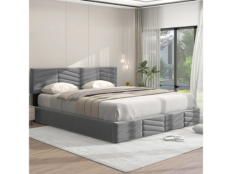 Lit coffre adulte hydraulique 180x200 cm , tête de lit réglable en hauteur, en velours gris(sans matelas)