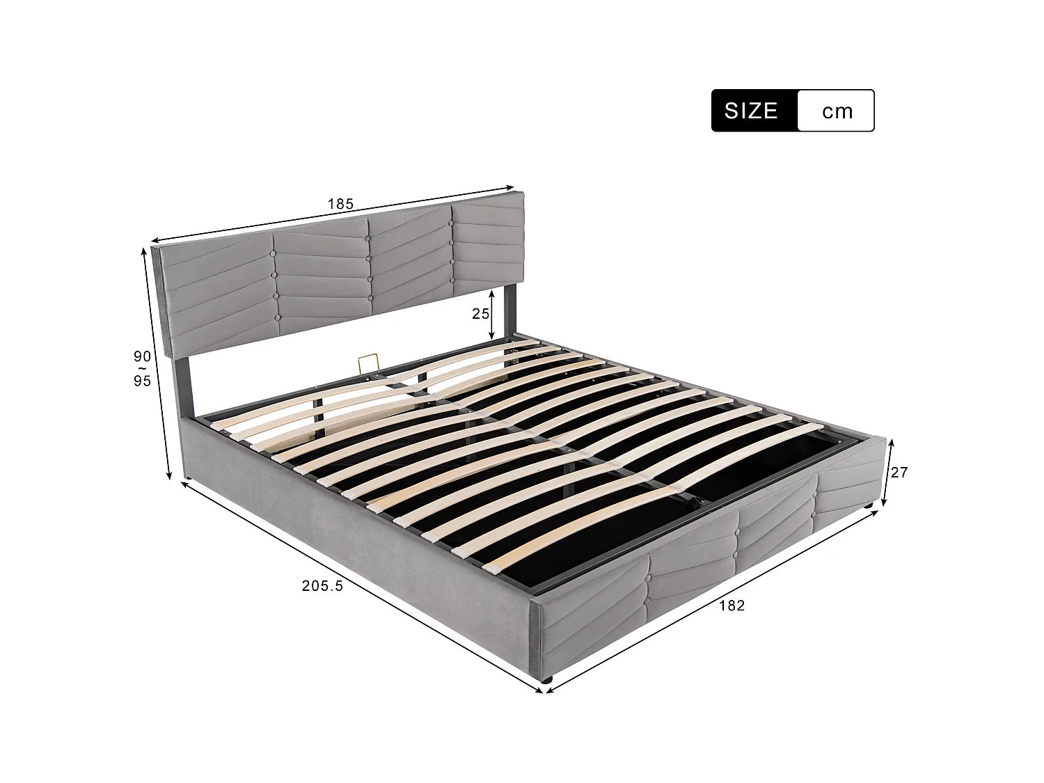 Lit coffre adulte hydraulique 180x200 cm , tête de lit réglable en hauteur, en velours gris(sans matelas)