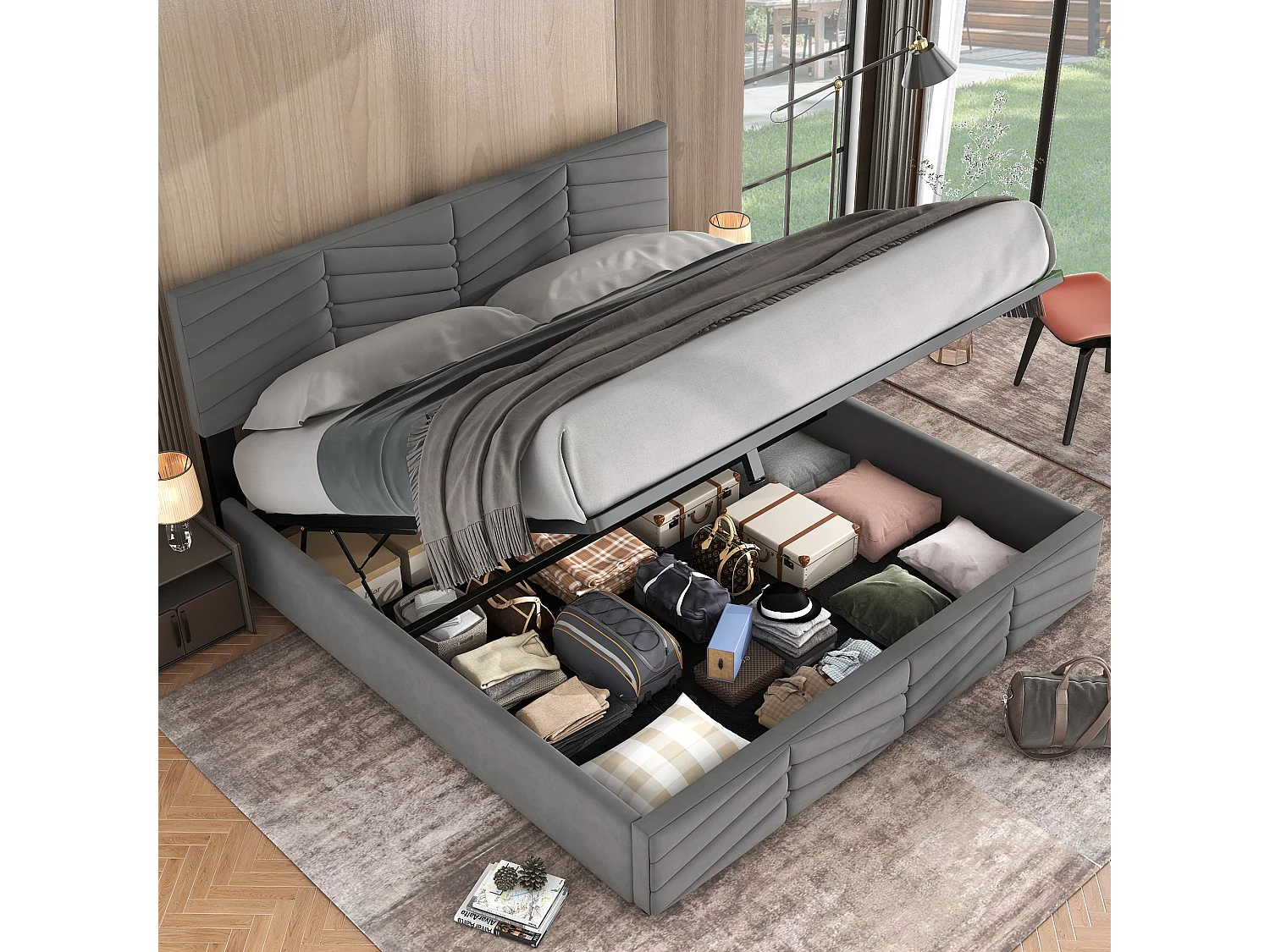 Cama baú dupla hidráulica 180x200 cm, cabeceira regulável em altura, veludo cinza listrado (sem colchão)