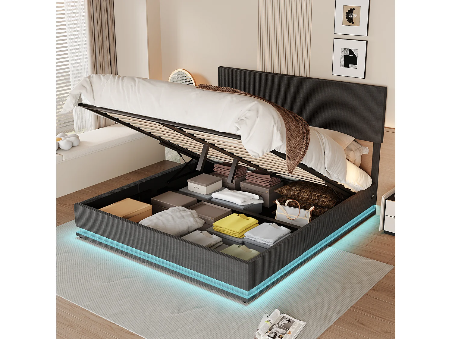 Lit coffre adulte 180x200 cm avec LED, chargement USB, tissu en velours gris foncé(sans matelas)