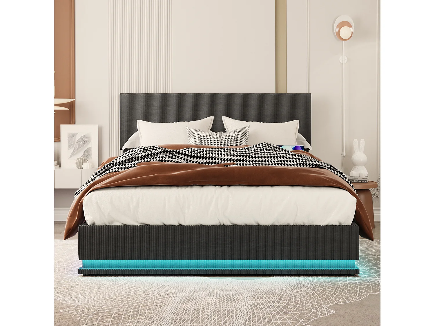 Lit coffre adulte 180x200 cm avec LED, chargement USB, tissu en velours gris foncé(sans matelas)