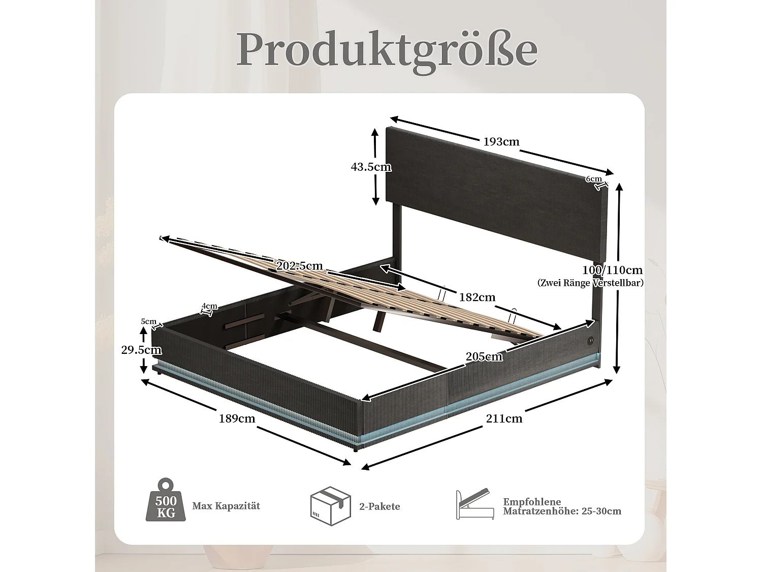 Lit coffre adulte 180x200 cm avec LED, chargement USB, tissu en velours gris foncé(sans matelas)