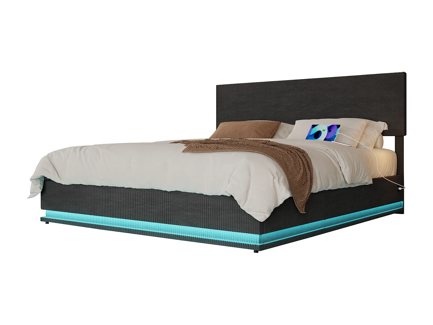 Lit coffre adulte 180x200 cm avec LED, chargement USB, tissu en velours gris foncé(sans matelas)