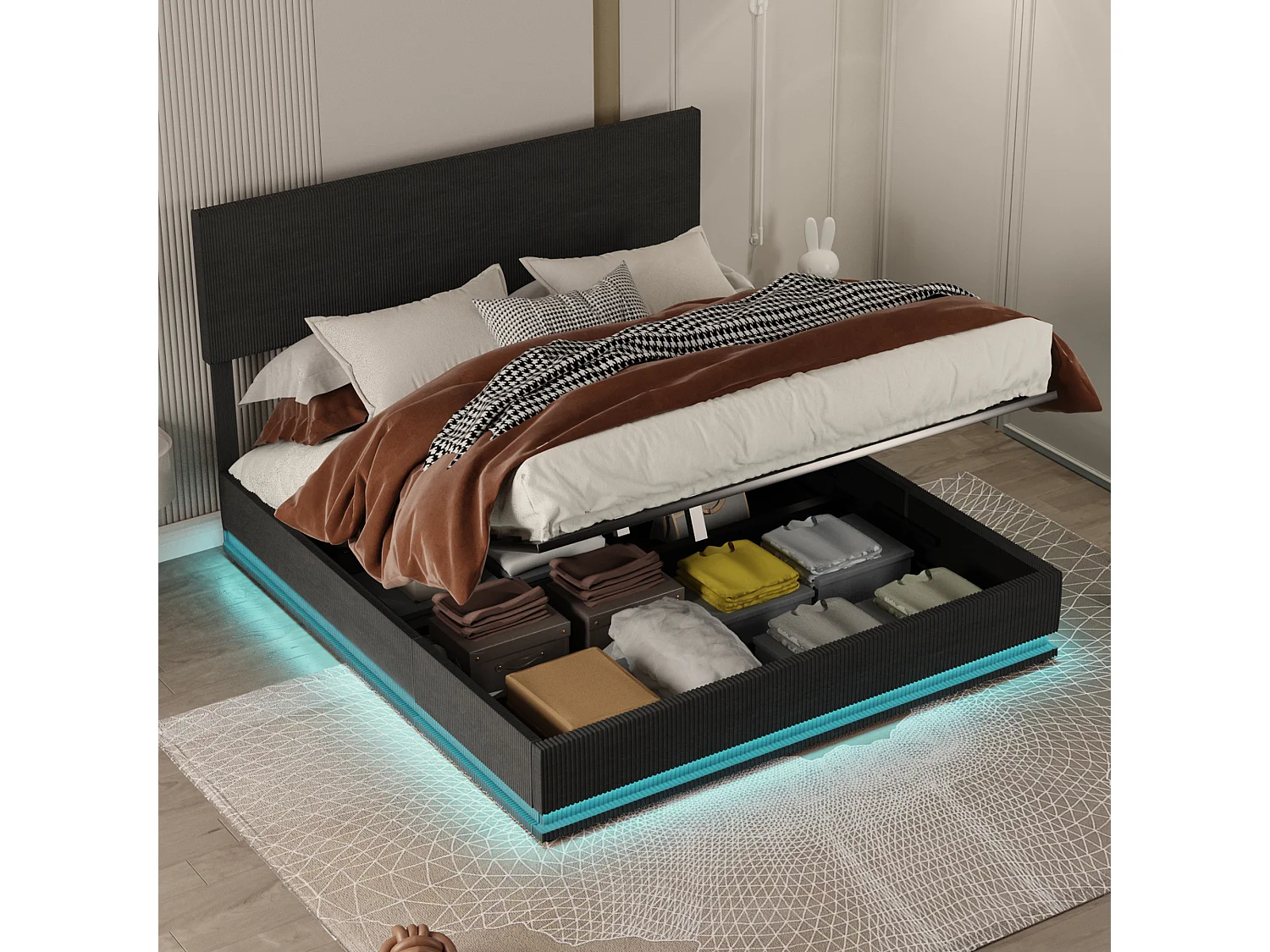 Lit coffre adulte 180x200 cm avec LED, chargement USB, tissu en velours gris foncé(sans matelas)