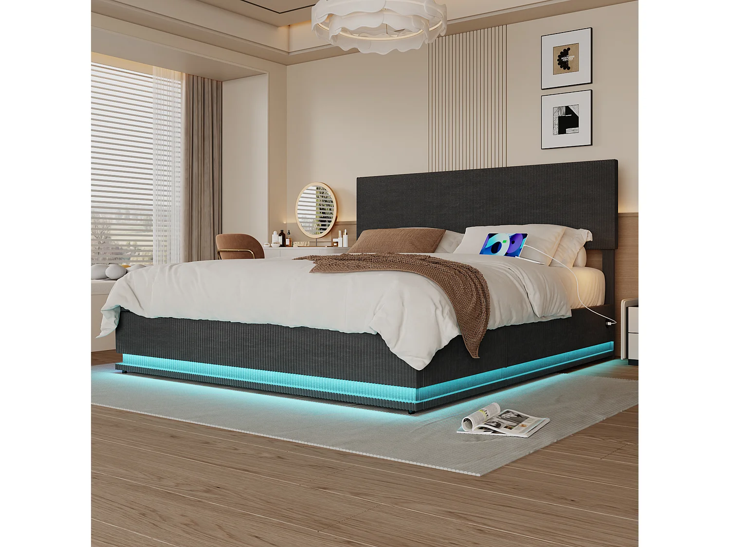 Lit coffre adulte 180x200 cm avec LED, chargement USB, tissu en velours gris foncé(sans matelas)