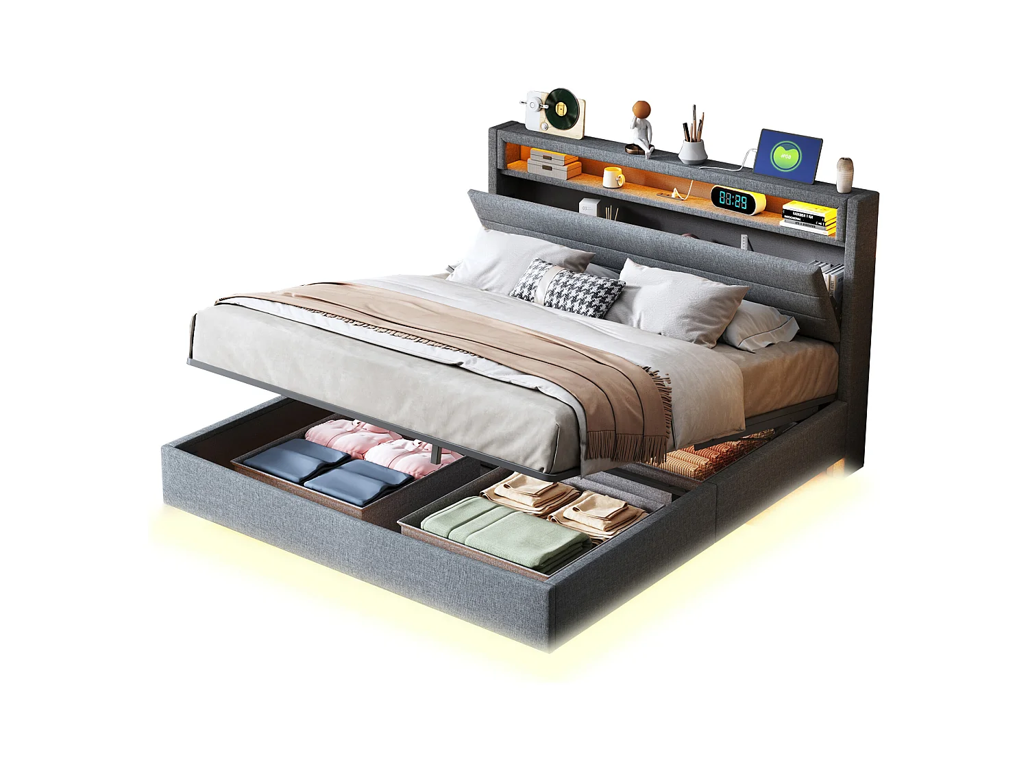 Lit coffre double 140x200 cm, tête de lit réversible, avec USB et éclairage LED, en lin gris(sans matelas)