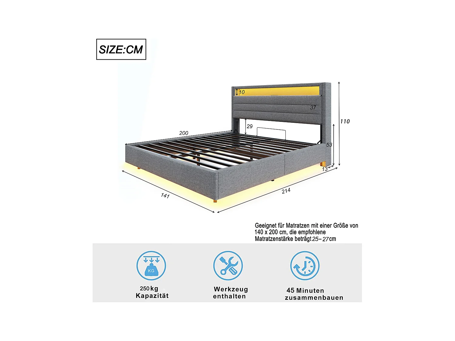 Lit coffre double 140x200 cm, tête de lit réversible, avec USB et éclairage LED, en lin gris(sans matelas)