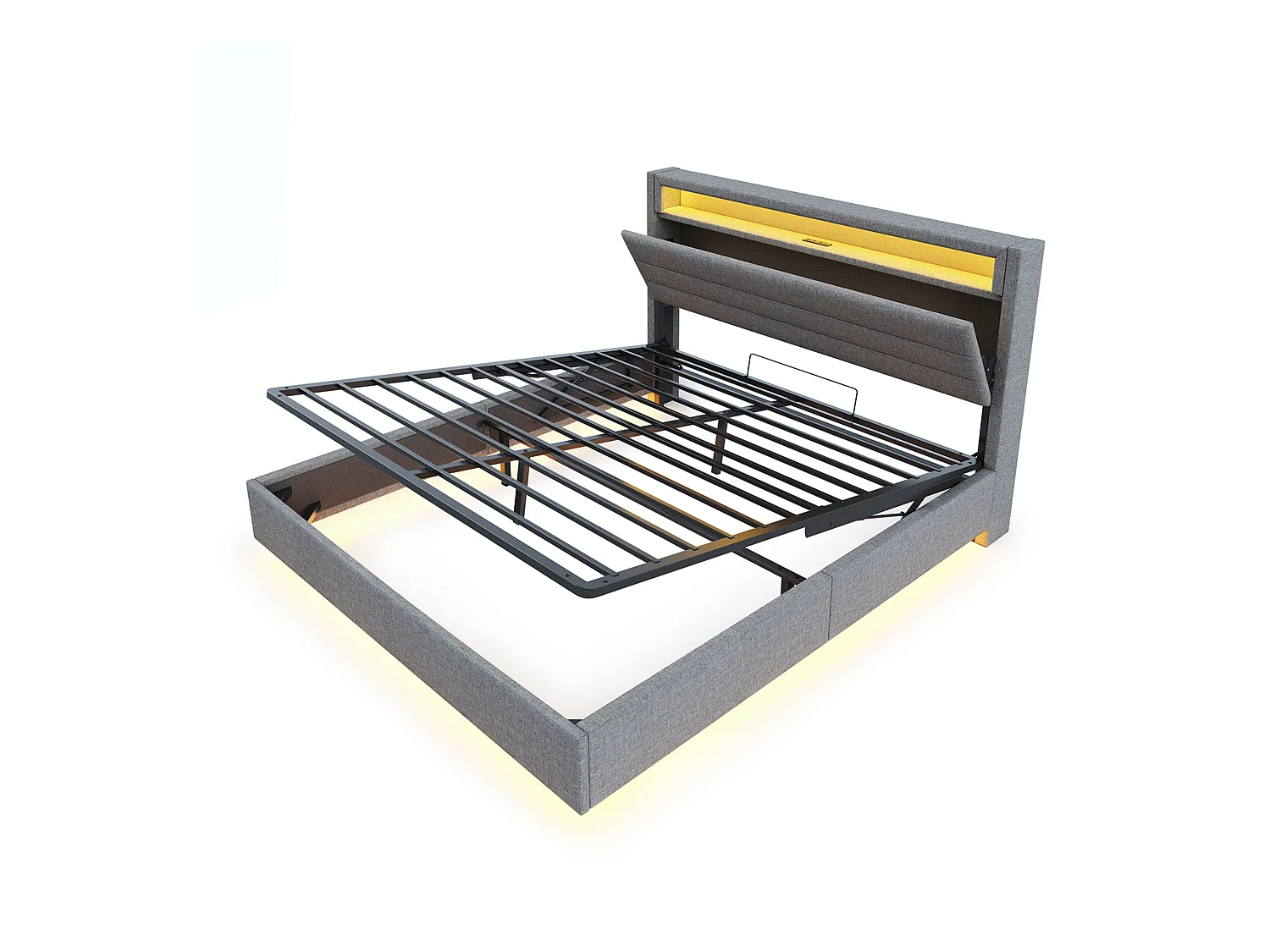 Lit coffre double 140x200 cm, tête de lit réversible, avec USB et éclairage LED, en lin gris(sans matelas)