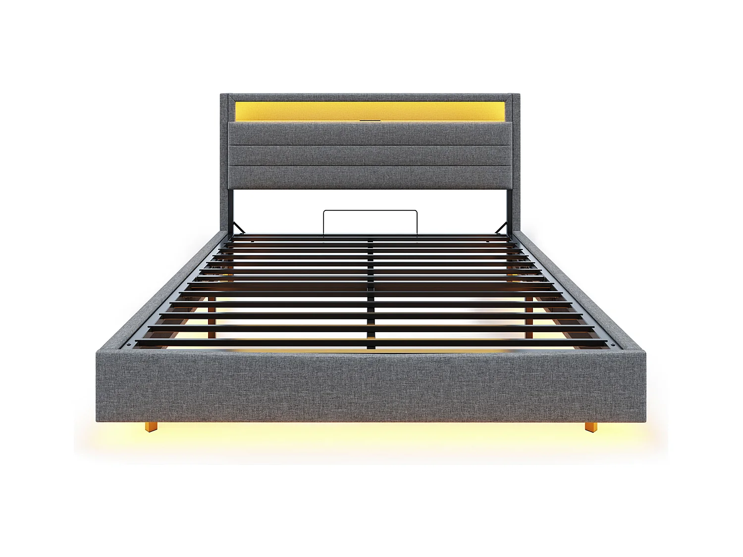 Lit coffre double 140x200 cm, tête de lit réversible, avec USB et éclairage LED, en lin gris(sans matelas)