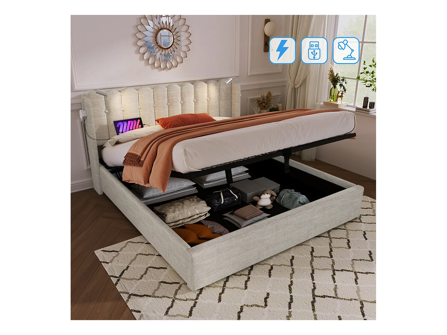 Lit coffre adulte 160x200 cm en lin naturel - Tête de lit avec lampe de lecture et charge USB (sans matelas)