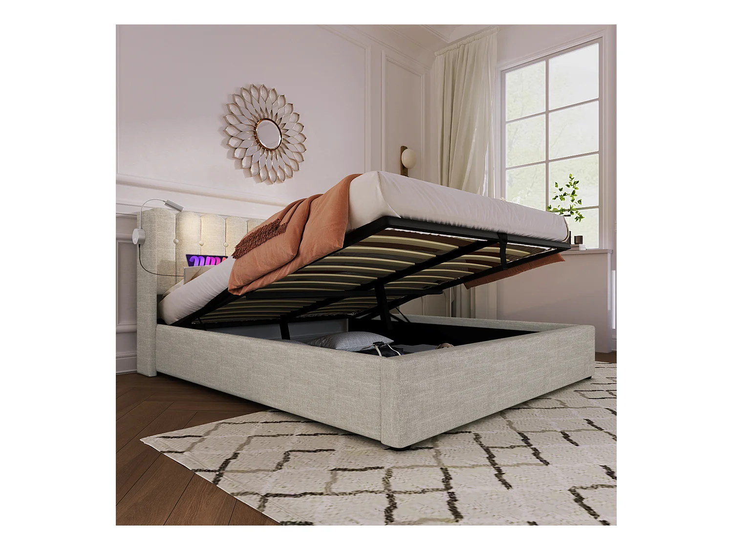 Lit coffre adulte 160x200 cm en lin naturel - Tête de lit avec lampe de lecture et charge USB (sans matelas)