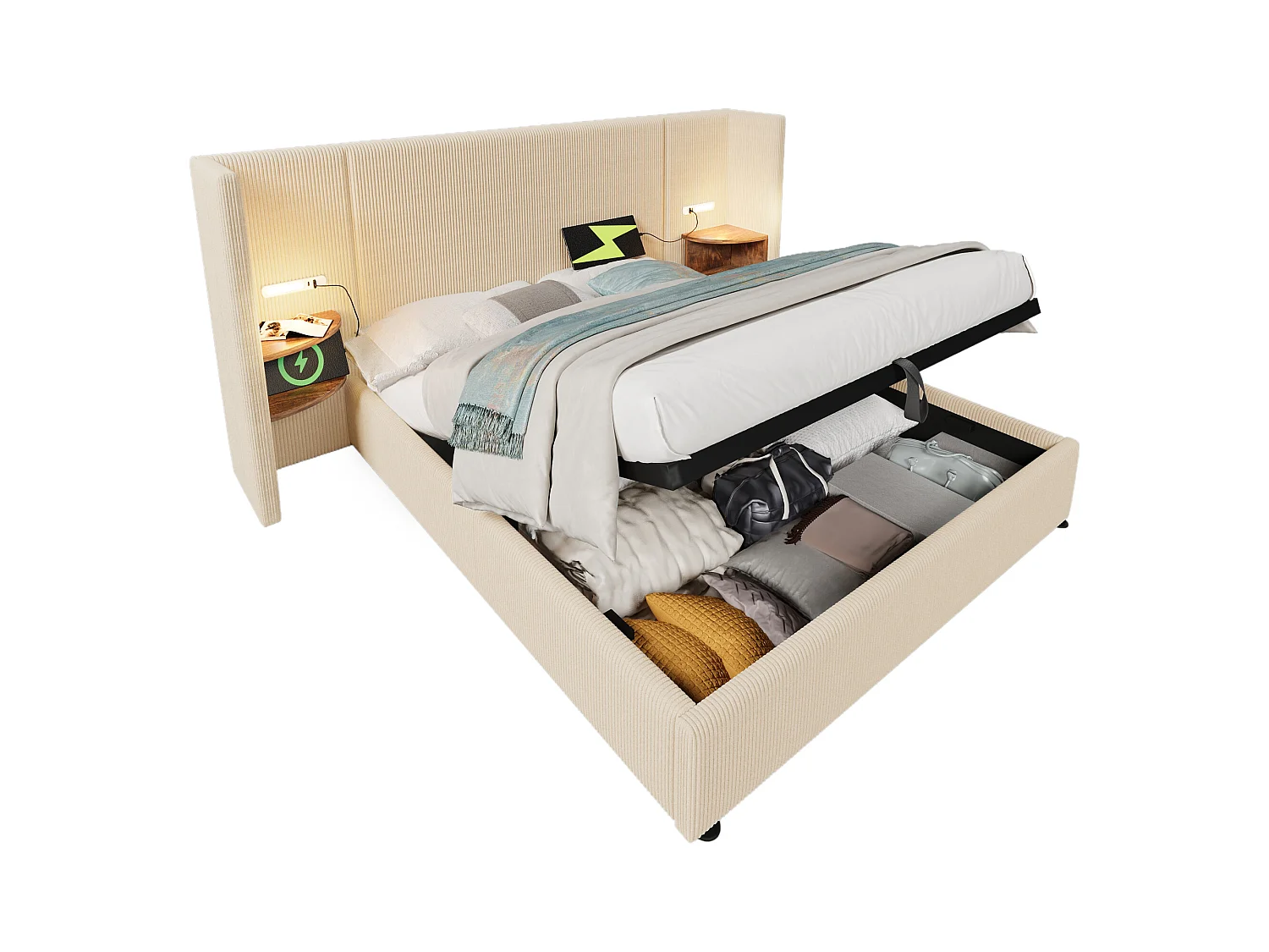 Lit coffre double 160x200 cm avec table de nuit, lampe de lecture, chargement USB Type-C (sans matelas)