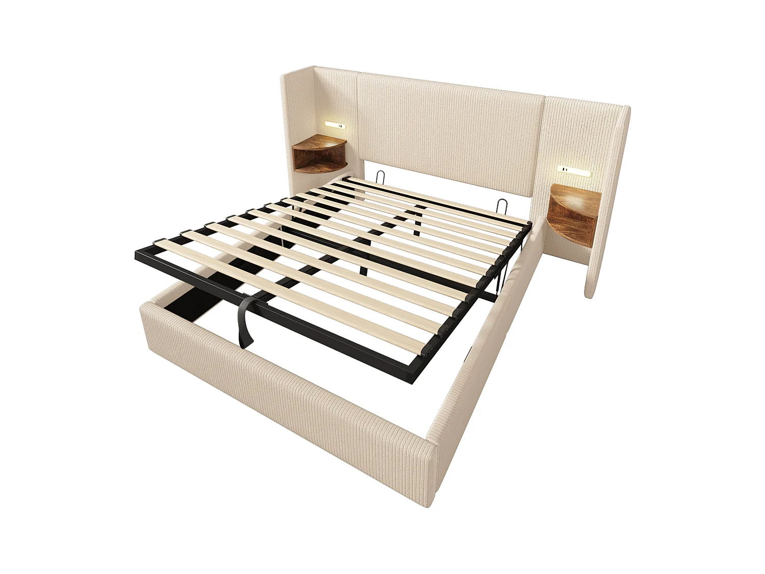 Lit coffre double 160x200 cm avec table de nuit, lampe de lecture, chargement USB Type-C (sans matelas)