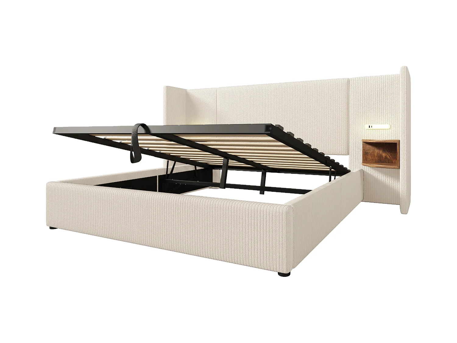 Lit coffre double 160x200 cm avec table de nuit, lampe de lecture, chargement USB Type-C (sans matelas)