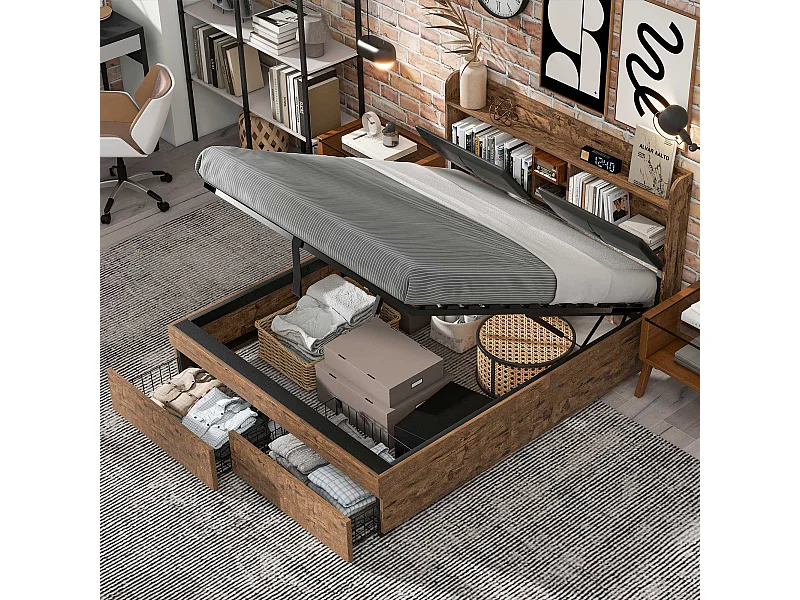 Lit coffre adulte hydraulique 140x200 cm - structure métal et bois, noir(sans matelas)