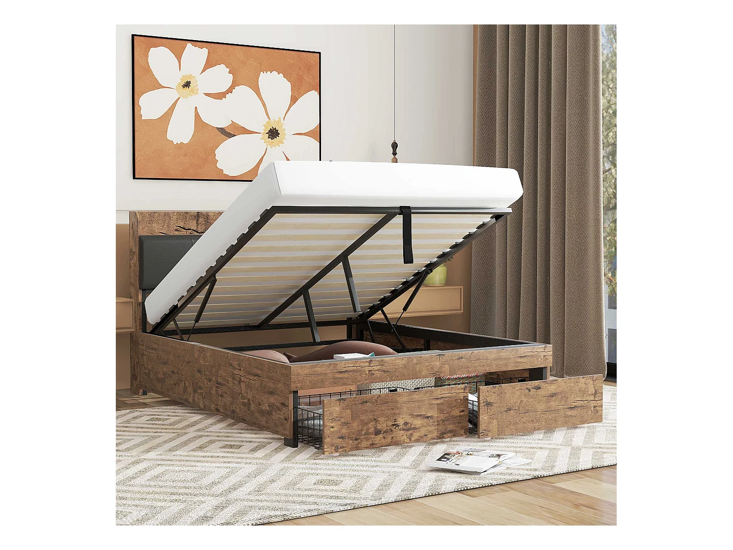 Lit coffre adulte hydraulique 140x200 cm - structure métal et bois, noir(sans matelas)