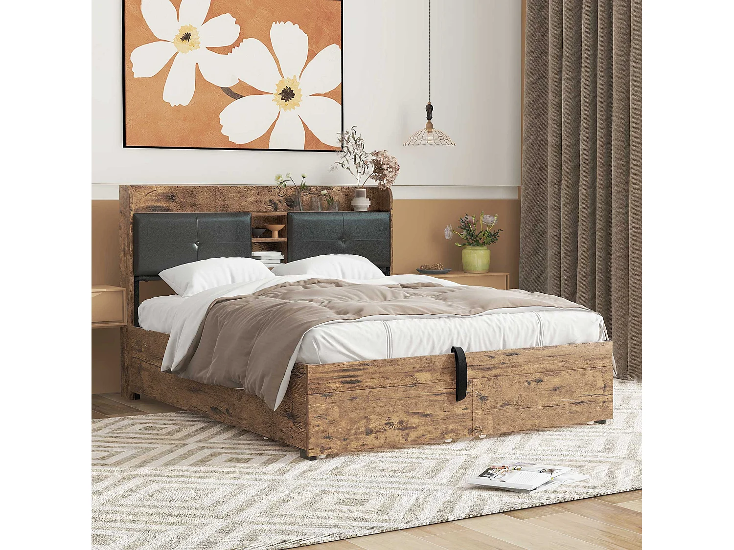 Hydraulisch tweepersoons opbergbed 140x200 cm - metalen frame - Zwart/hout (zonder matras)