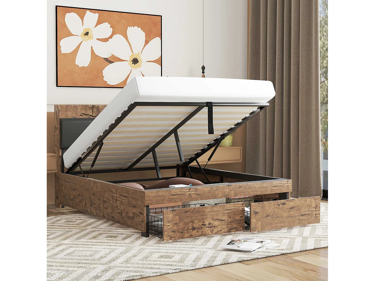 Hydraulisch tweepersoons opbergbed 140x200 cm - metalen frame - Zwart/hout (zonder matras)