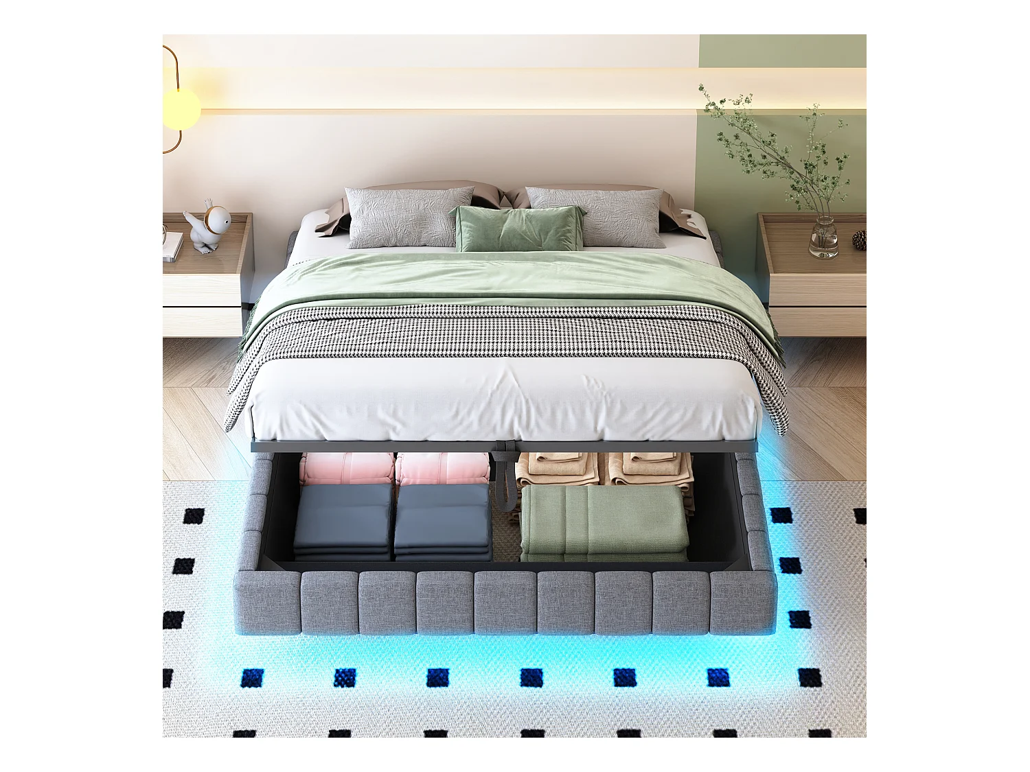 Gestoffeerd bed 160x200 cm zonder hoofdbord – hydraulisch zwevend frame, LED, geïntegreerde opbergruimte – grijze linnen stof (zonder matras)