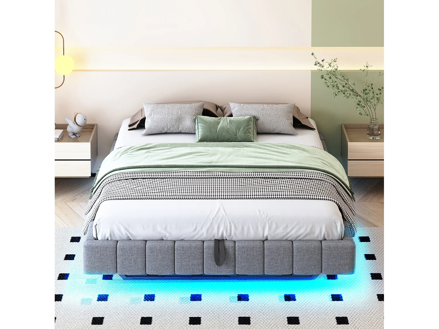 Gestoffeerd bed 160x200 cm zonder hoofdbord – hydraulisch zwevend frame, LED, geïntegreerde opbergruimte – grijze linnen stof (zonder matras)