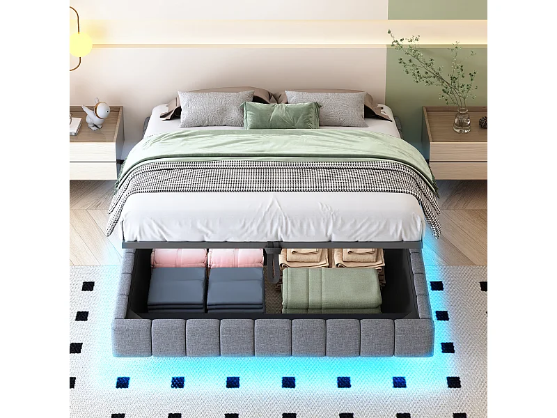 Gestoffeerd bed 160x200 cm zonder hoofdbord – hydraulisch zwevend frame, LED, geïntegreerde opbergruimte – grijze linnen stof (zonder matras)