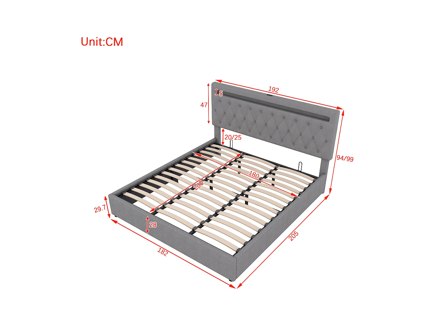 Tweepersoons opbergbed 180x200 cm – RGB sfeerverlichting met afstandsbediening (zonder matras)