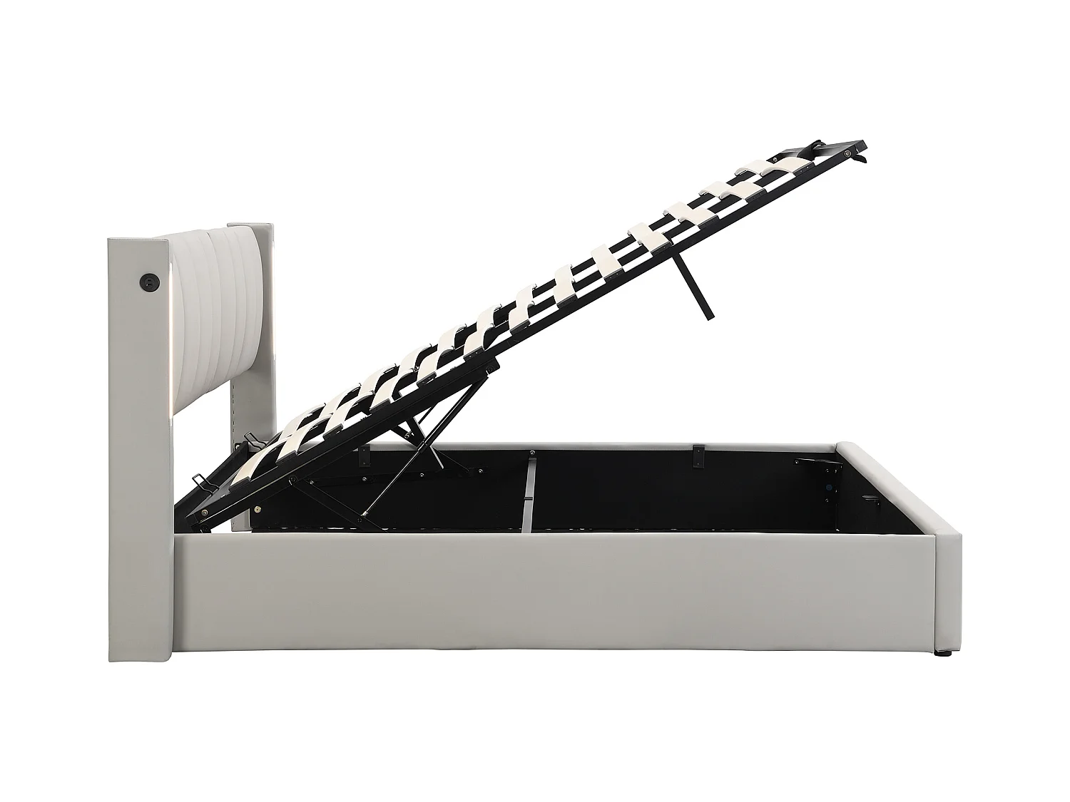 Cama tapizada 140x190 cm con LED, puerto USB, almacenamiento hidráulico, cabecero ajustable – PU gris (sin colchón)