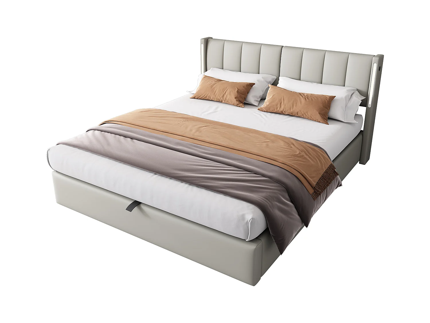 Gestoffeerd bed 140x190 cm met LED, USB-poort, hydraulische opbergruimte, verstelbare hoofdbord – grijs PU (zonder matras)