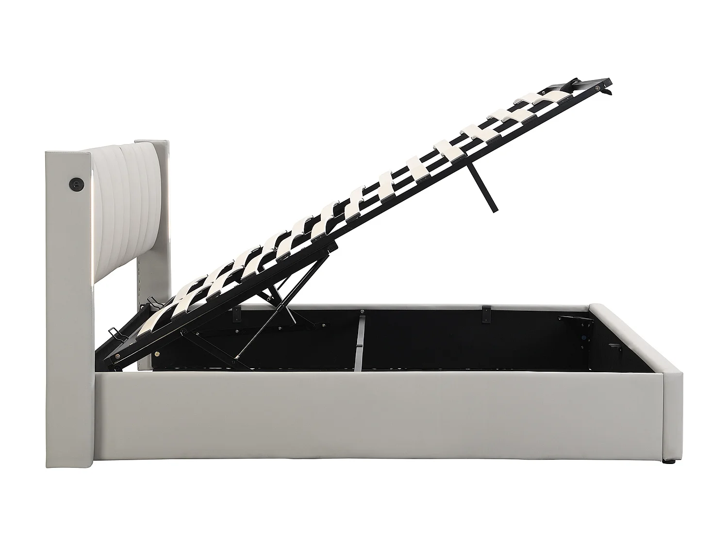 Gestoffeerd bed 140x190 cm met LED, USB-poort, hydraulische opbergruimte, verstelbare hoofdbord – grijs PU (zonder matras)