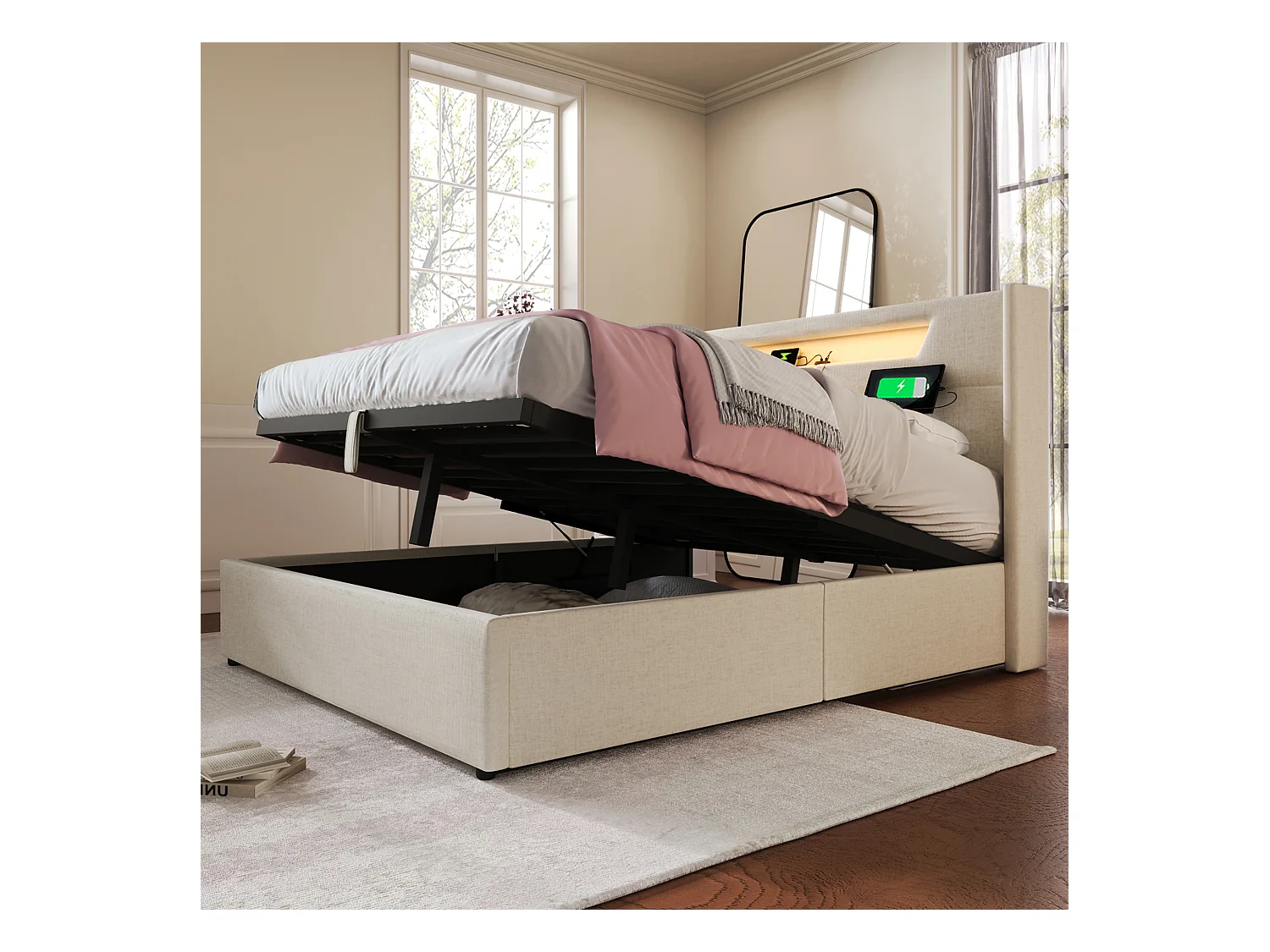 Lit coffre adulte 140x200 cm avec éclairage LED et chargement USB Type-C, cadre en lin, (sans matelas)