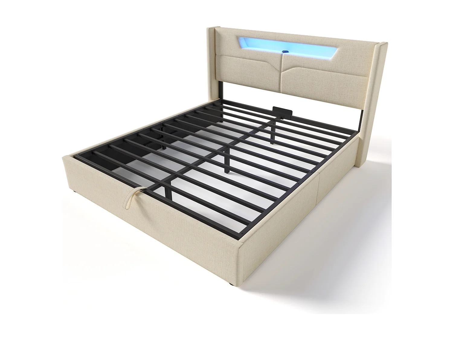 Lit coffre adulte 140x200 cm avec éclairage LED et chargement USB Type-C, cadre en lin, (sans matelas)