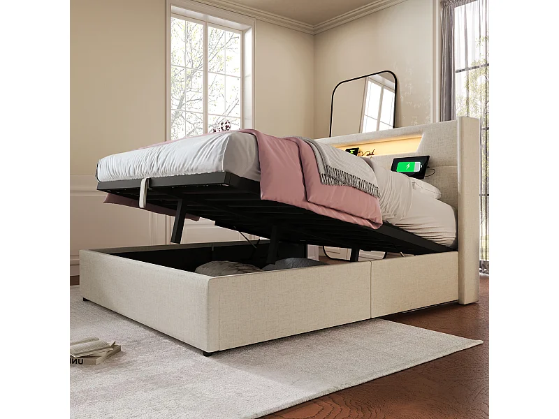 Lit coffre adulte 140x200 cm avec éclairage LED et chargement USB Type-C, cadre en lin, (sans matelas)