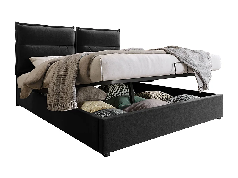 Lit coffre adulte hydraulique 140x200 cm - Tête de lit réglable - Velours noir (sans matelas)