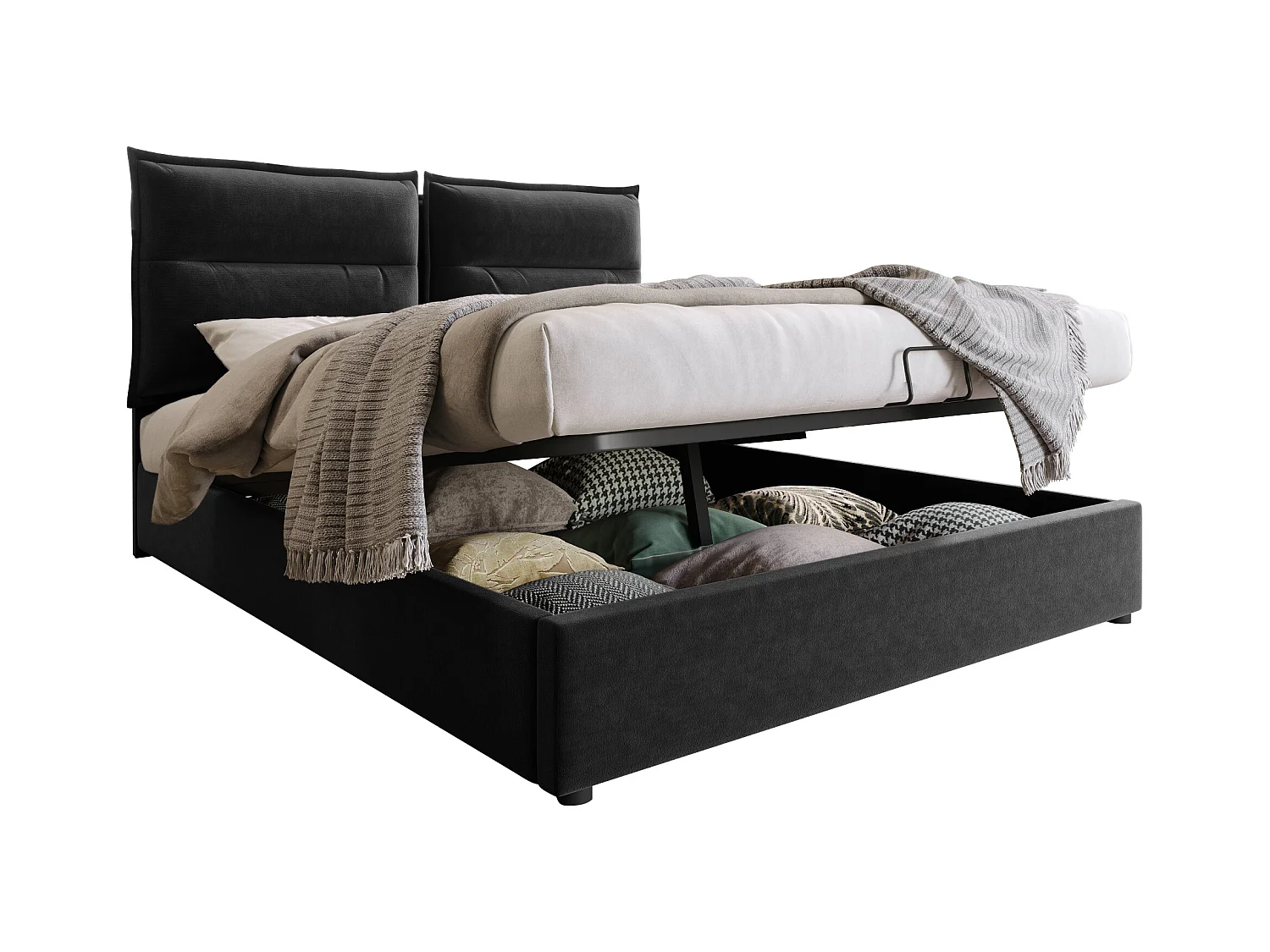Lit coffre adulte hydraulique 140x200 cm - Tête de lit réglable - Velours noir (sans matelas)