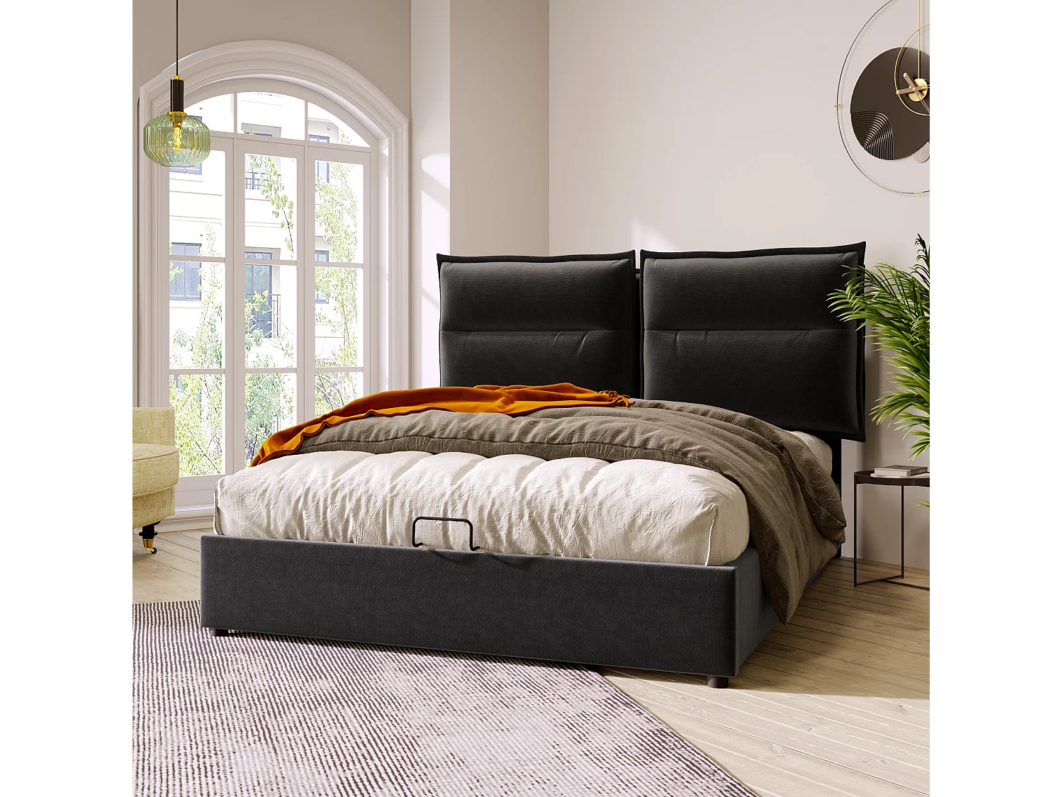 Cama baú dupla hidráulica 140x200 cm - Cabeceira ajustável - Veludo preto (sem colchão)