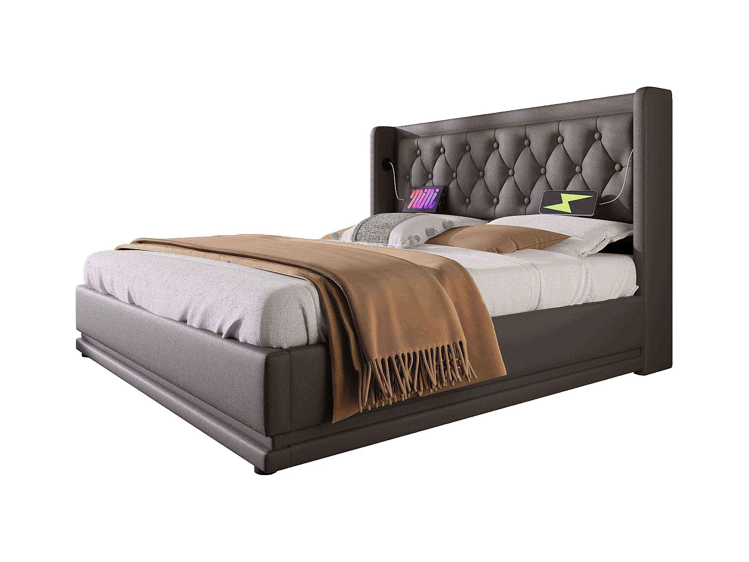 Lit coffre adulte 140x200 cm en PU noir, tête de lit avec USB Type-C, éclairage LED sur 3 côtés (sans matelas)