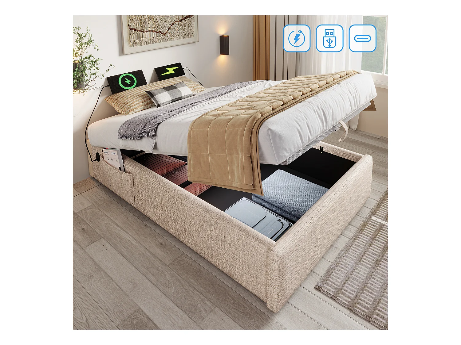 Lit coffre enfant 90x200 cm avec Charge USB-C, Sans Tête de Lit, Tissu en Lin beige(sans matelas)