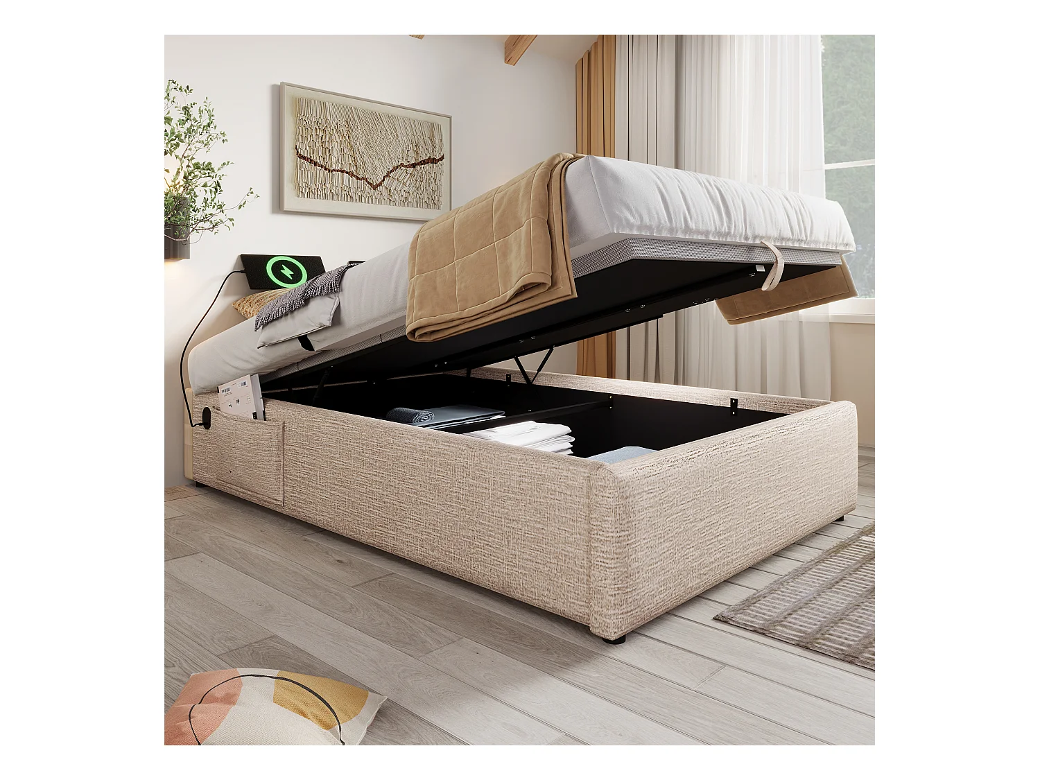 Lit coffre enfant 90x200 cm avec Charge USB-C, Sans Tête de Lit, Tissu en Lin beige(sans matelas)